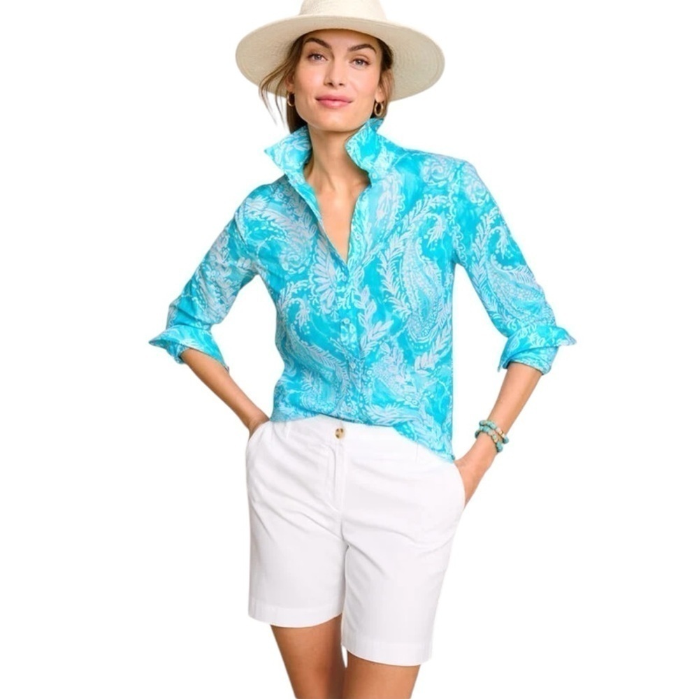 Talbots Petite Modern Classic Shirt Brushed Paisley. Teal & White Size PL #1397